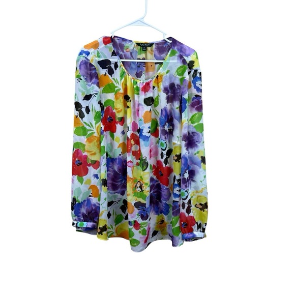 Lauren Ralph‎ Lauren Women's Sheer Key Hole Neck Blouse Floral Light  2X XXL EUC - Picture 1 of 5